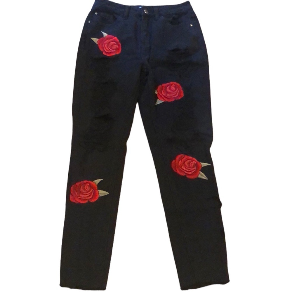 MISSGUIDED DISTRESSED RAW HEM FLORAL SKINNY DENIM JEANS BLACK AND RED SIZE 8